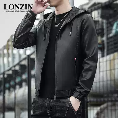 Leather men's autumn and winter 2021 new casual hooded jacket handsome motorcycle suit black slim men's jacket