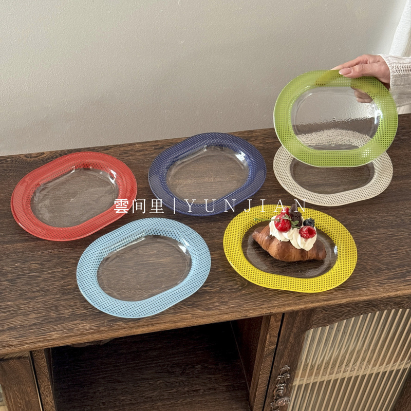 Retro Style Colorfulful Plaid Glass Plate Oval Plate High-Value Tray Dessert Plate Display Plate Dopamine Tableware Retro Style Colorfulful Plaid Glass Plate Oval Plate High-Value Tray Dessert Plate Display Plate Dopamine Tableware
