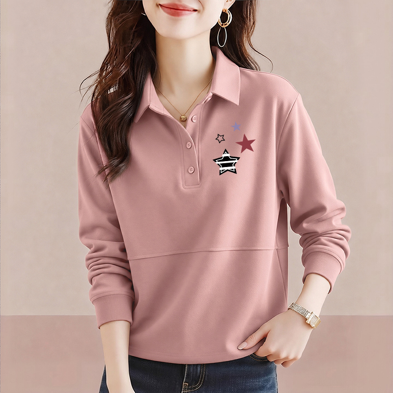 Brand Export Pink Long-Sleeved T-Shirt Women's Lapel Polo Shirt Retro Fashion Base Shirt Pure Cotton 100% Top Brand Export Pink Long-Sleeved T-Shirt Women's Lapel Polo Shirt Retro Fashion Base Shirt Pure Cotton 100% Top