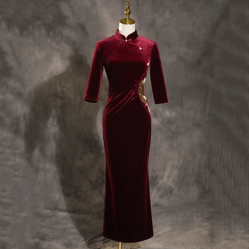 Бордовое бархатное ципао, ретро длинный лонгслив, свадебное платье для матери