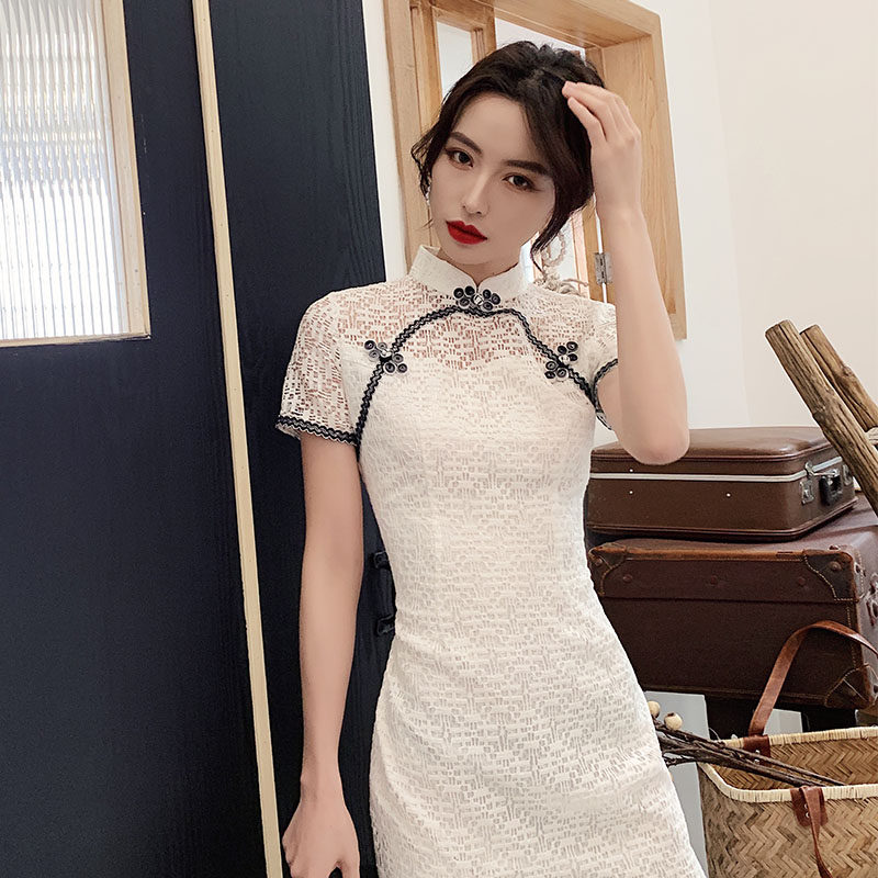 White Lace Qipao 2022 New young girl's improved retro temperament Chinese Wind Dress Spring Autumn