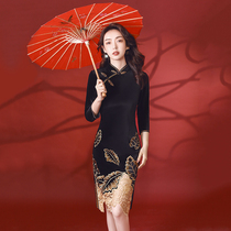 2021 new cheongsam black short vintage young girl modified golden velvet dress autumn