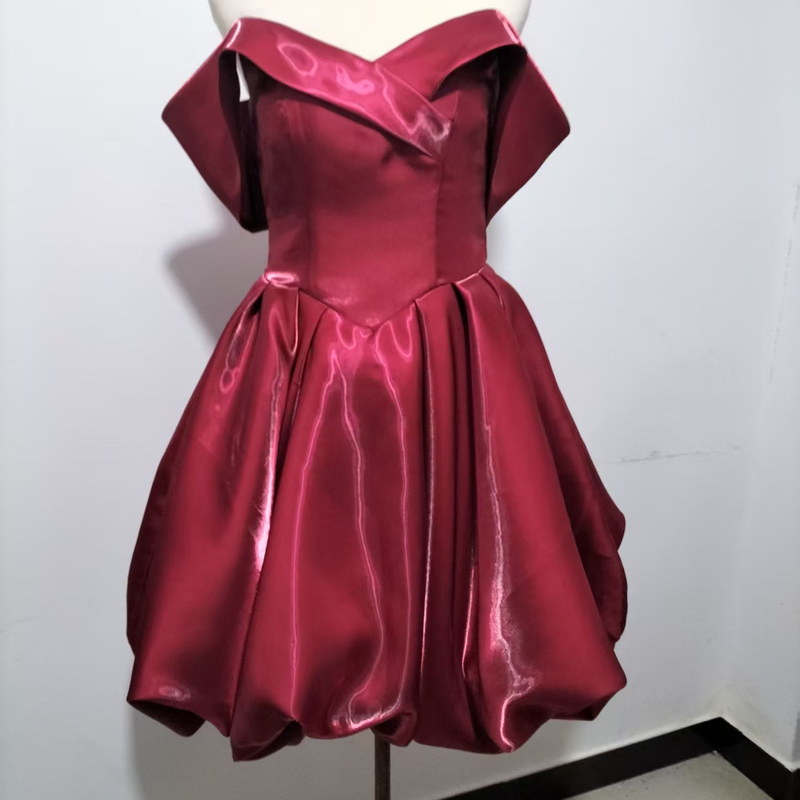 New One-Shoulder Evening Dress, Puffy Skirt, Short Lantern Skirt, Performance Photo Shoot Registration Toast Dress, Lace-Up Dress