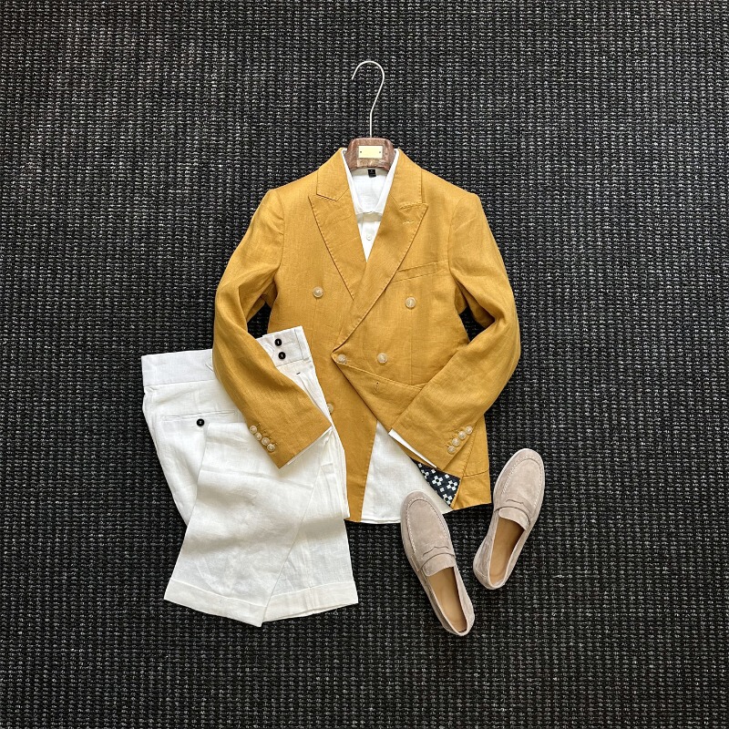 Summer British Style 100% Linen Double-Breasted Suit, Breathable and Lightweight, High-End Business Casual Mature Single-Breasted Jacket Summer British Style 100% Linen Double-Breasted Suit, Breathable and Lightweight, High-End Business Casual Mature Single-Breasted Jacket