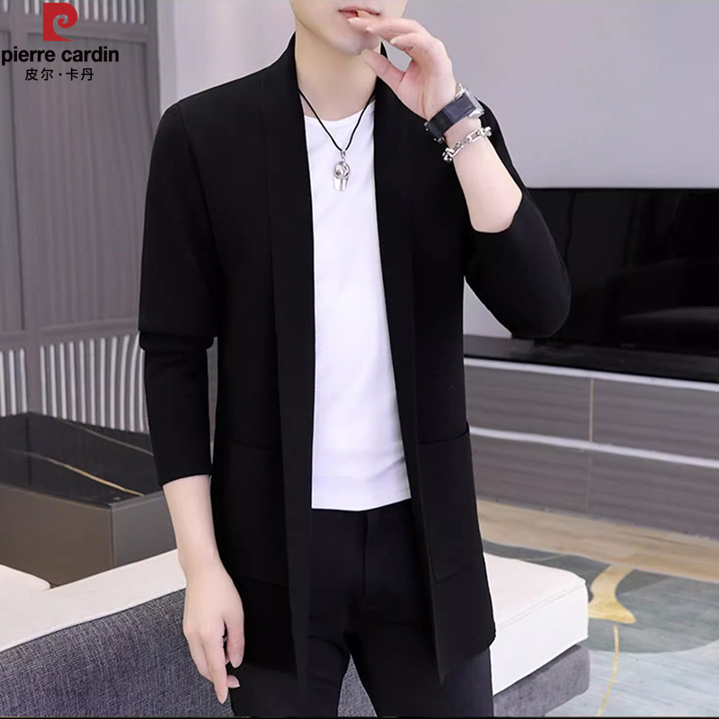 Pierre Cardin 2026 New Men's Trench Coat Spring and Autumn Knitted Cardigan Men's Thin Casual Mid-Length Jacket
