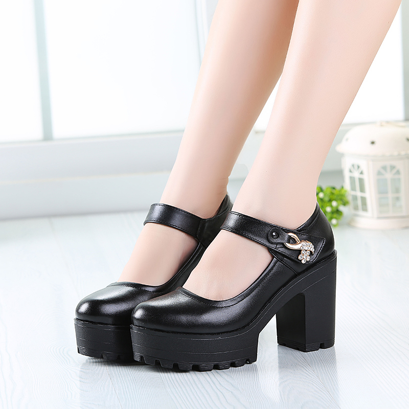 Cheongsam catwalk model shoes round toe leather waterproof platform thick-heeled muffin thick-soled women's shoes shallow mouth comfortable high-heeled shoes