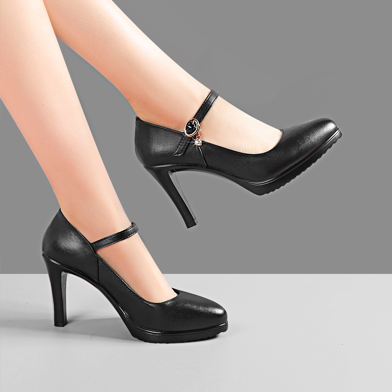 Genuine Leather Ankle Strap Stiletto High Heels 9cm, Special Shoes for Cheongsam and Runway Shows, Women's Soft-Soled Waterproof Platform Large Size Model Shoes