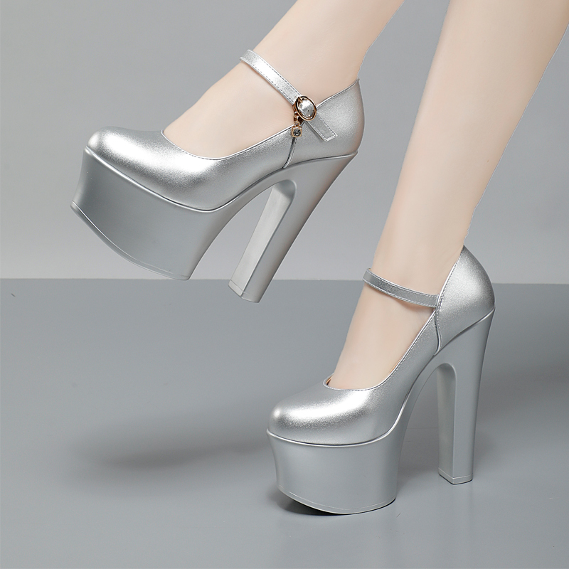 Cowhide Roll-Up Sky-High 15cm High-Heeled Performance Women's Shoes, Silver Bridesmaid Wedding Shoes, Model Runway Show Toast Shoes