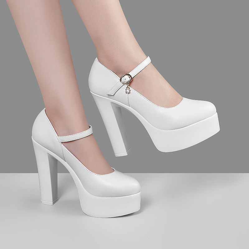 Cowhide Roll-Up 13cm Ultra-High Heel Pointed Shoes, Chunky Heel High Heels, Waterproof Platform White Cheongsam Shoes, Model Runway Shoes