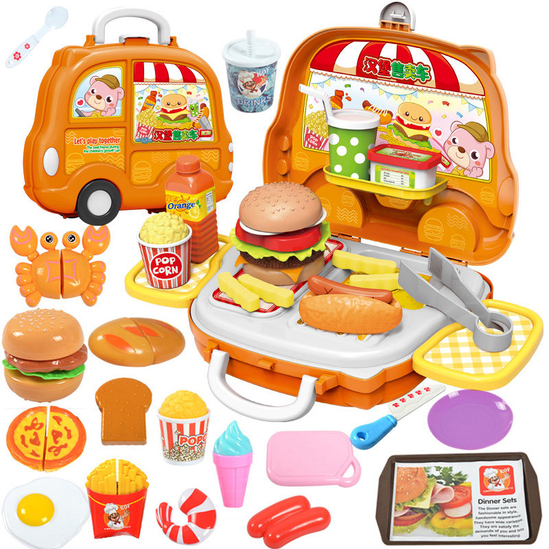 Kids over home kitchen toys cooking cooking tableware boys and girls bbq burger emulated food suitcase set