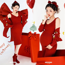 Year of the Dragon New Year festive theme photo studio pregnant womens cute red knitted suit pregnant mommy big belly art photography clothing