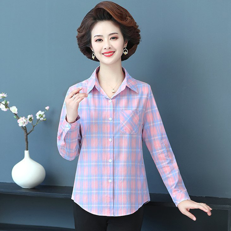 Middle-Aged Women's Spring and Summer Shirts, Long-Sleeved, Stylish Plaid Tops, Middle-Aged and Elderly Mothers' Summer Casual Shirts