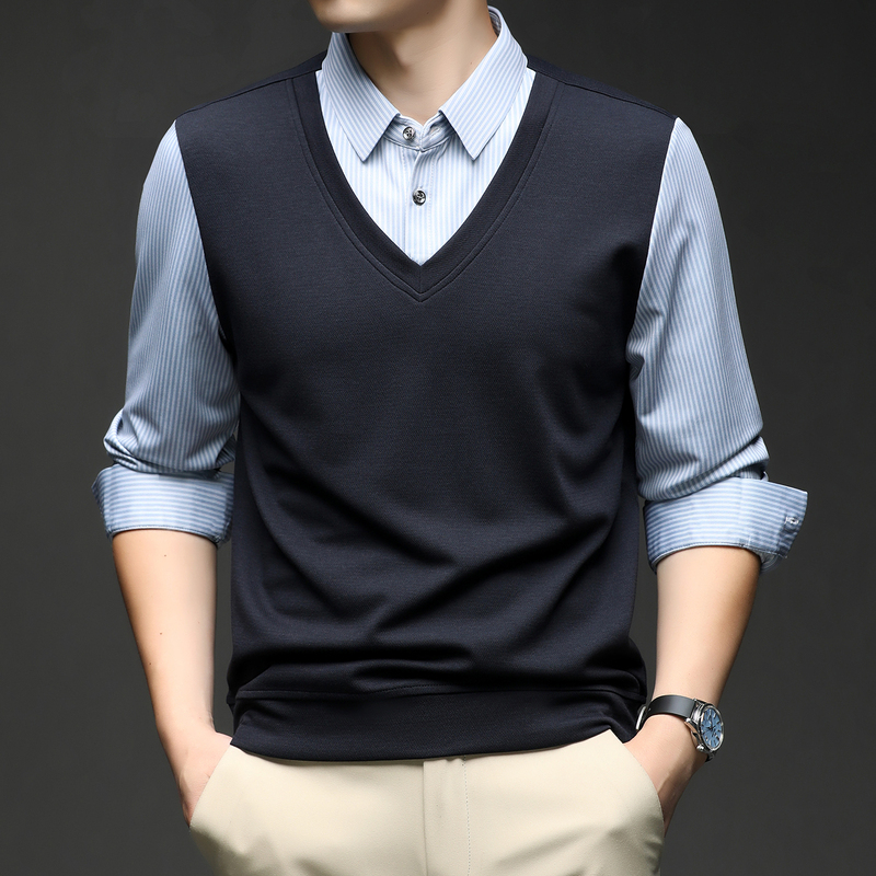 2026 New Style Fake Two-Piece Shirt for Men, Long-Sleeved Blue and White Striped Slim-Fit Business Dad Wool Shirt Men's Top 2026 New Style Fake Two-Piece Shirt for Men, Long-Sleeved Blue and White Striped Slim-Fit Business Dad Wool Shirt Men's Top