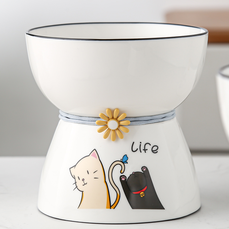 Cat bowl ceramic anti-overturning high foot drinking water bowl can love young cat pet bowl dog bowl protect cervical spine food basin cat food bowl