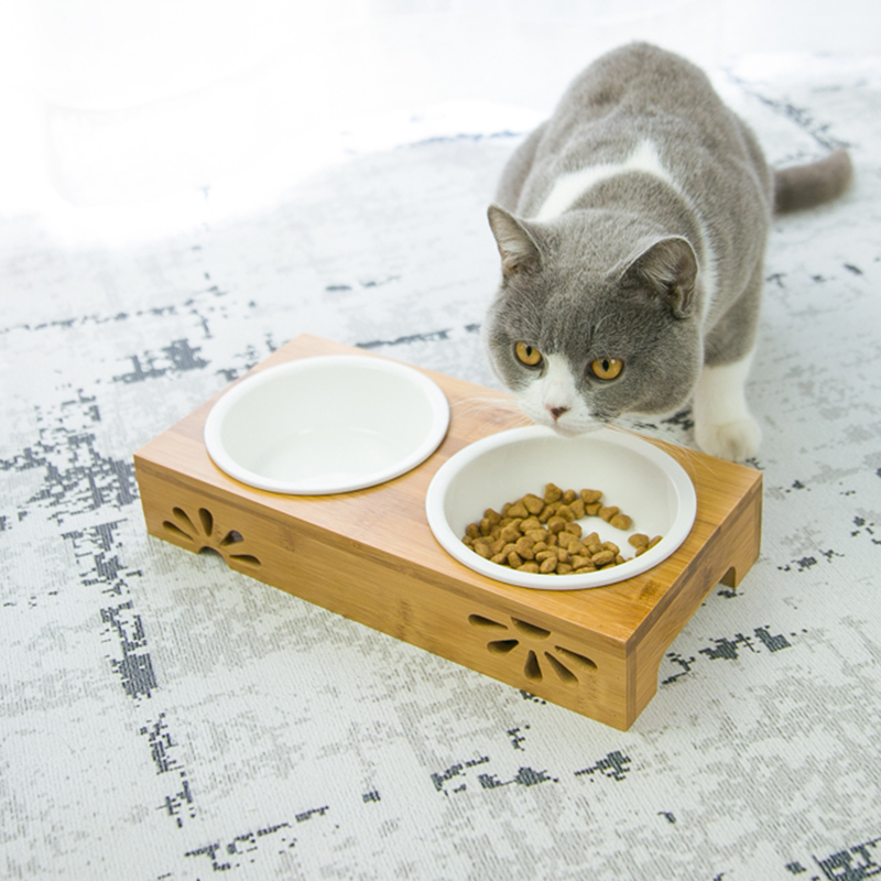 Cat Bowl Double Bowl ceramic protection Cervical Spine Wooden Anti-Overturning Three Bowls Daily Cat Food Basin Dog Bowl Pet Bowl Cat Food Bowl