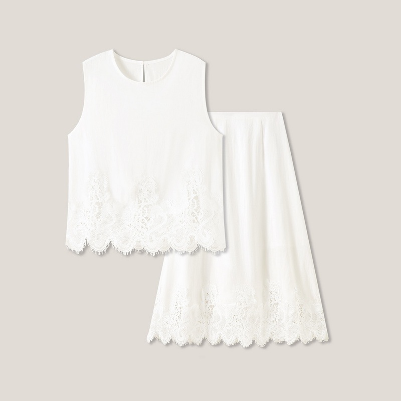 4.25F B White Dew Set~Summer Sleeveless Linen Top + Lace Patchwork Long Skirt Two-Piece Set Ss26220