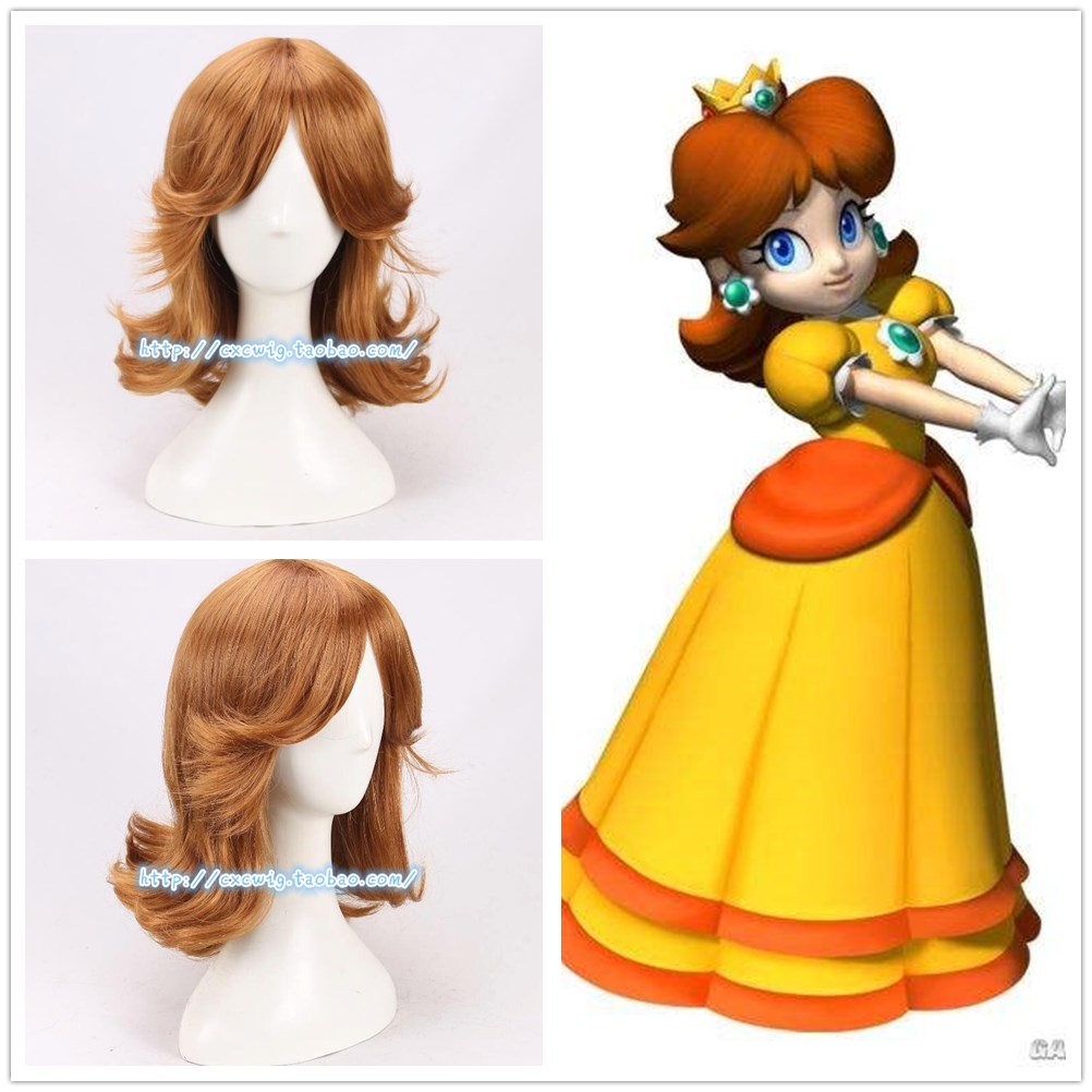 Super Mario Daisy Princess Linen Golden Brown Short Curly Cosplay Wig