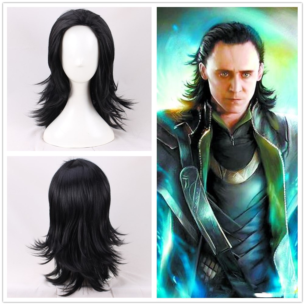 The Avengers League Thunder God Loki Cosplay Wig Men's Back Head Black High Temperature Silk Fake Hair Headgear