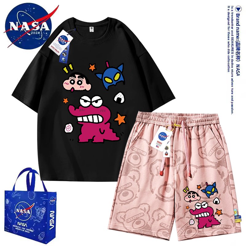 Nasa Co-Branded Crayon Shin-Chan Casual Short-Sleeved Set for Men and Women, Thin Pajamas for Older Children, Student Cartoon Shorts for Summer