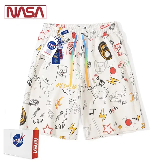 Nasa Co-Branded Graffiti Letter Casual Shorts for Men and Women, Summer Youth Trendy Brand Loose Sports Straight-Leg Five-Point Shorts