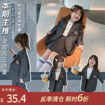 2021 new childrens clothing girls foreign style suit three-piece childrens spring and autumn college style set baby Korean Spring Suit