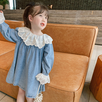 Little pudding childrens clothing 2021 new girls autumn dress foreign denim skirt baby doll collar skirt children dress