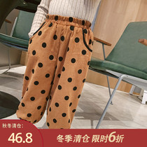 Childrens foreign style wave point pants childrens clothing girls 2020 new winter wear plus velvet padded pants baby trousers