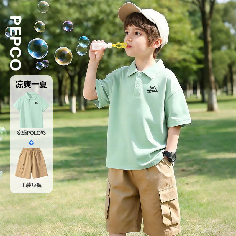 リトルピッグバナー子供用ポロシャツセット男の子用、2026年新作夏スタイル、年長の男の子用半袖Tシャツ、ツーピースセット（PC）。