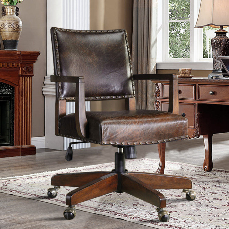 American-style solid wood computer chair leather boss chair swivel chair European-style book chair office home executive chair retro anchor