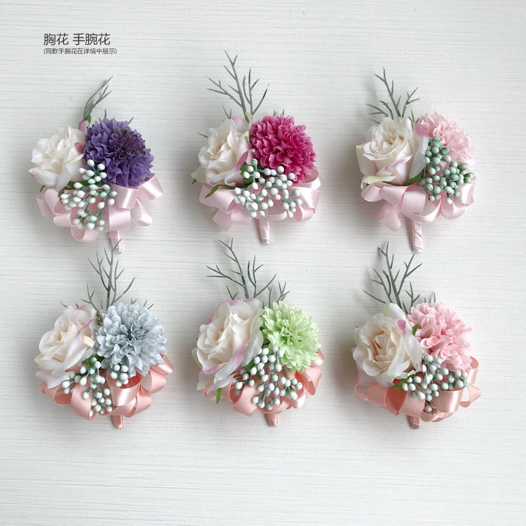 Korean style bride and groom bridesmaids married brother corsage bridesmaid wedding hand flower etiquette purple pink champagne