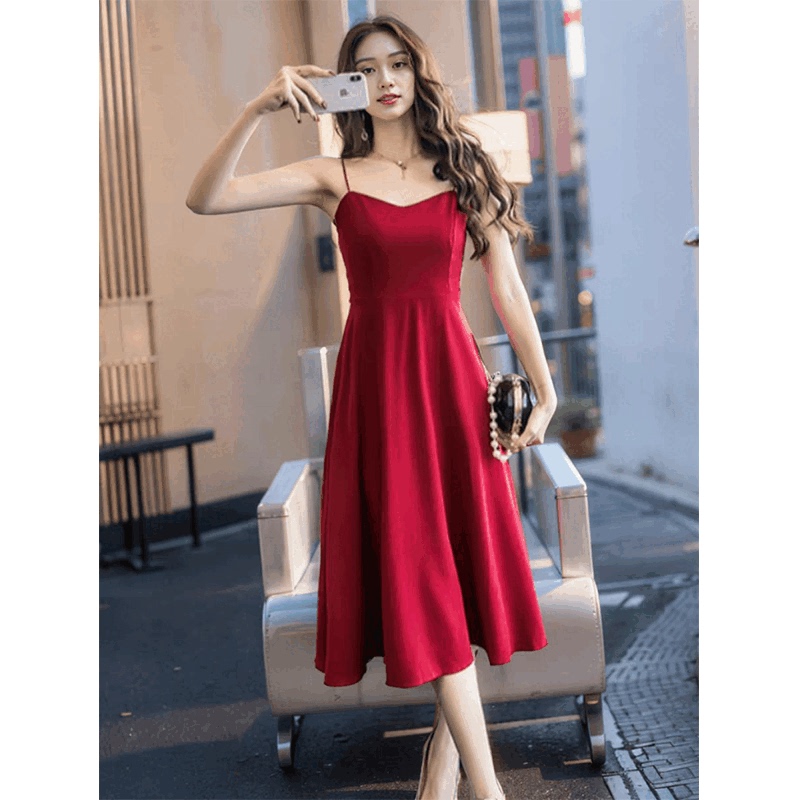 Summer Retro Burgundy V-Neck Suspender Dress, Chanel-Style Waist-Cinching Slimming Mid-Length Sleeveless A-Line Dress