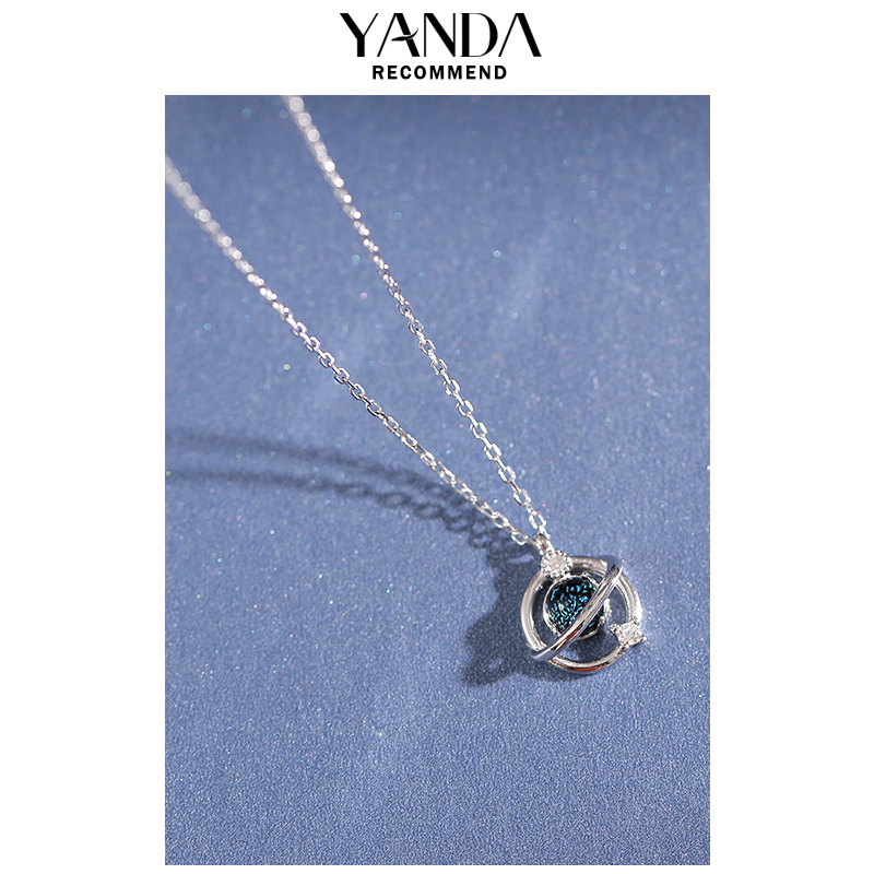 Stunning 925 pure silver universe Crystal necklace minimalist Temperament Blue Planet Pendant Girls Lock Bones Chains Ins Nets Red