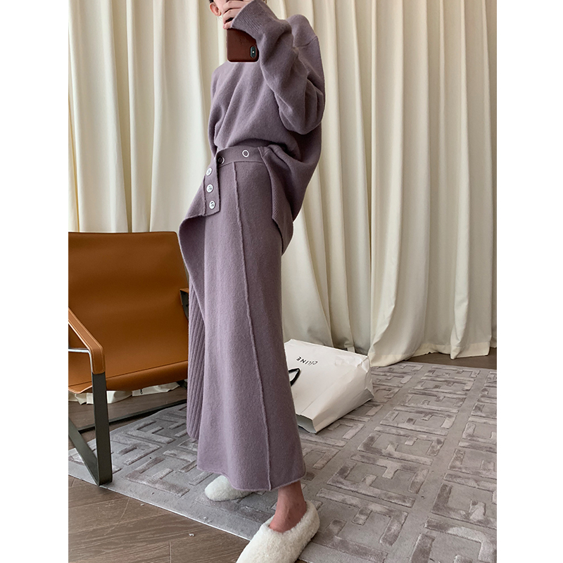 A Bow of a Bew) Autumn winter new cow suede sleeve headcoat with high waist and gentle wind wool half body skirt suit woman