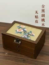 Solid wood jewelry box walnut storage box hand-embroidered high-end retro lock exquisite ring necklace jewelry box
