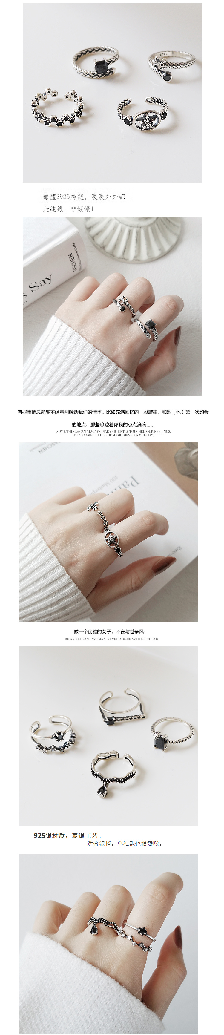 S925 sterling bạc ngón tay nhẫn nữ hipster tối giản kết hợp với chuỗi ngọc mở vòng trang sức Hàn Quốc pnj nhẫn cưới