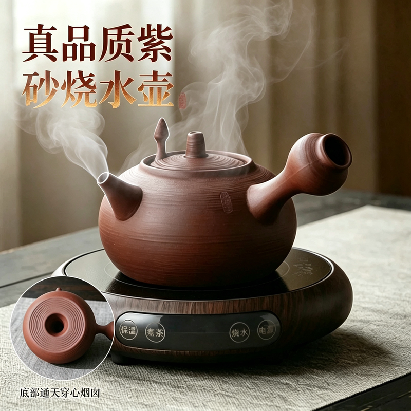 Purple Clay Teapot for Boiling Water, Handmade White Clay Creative Electric Ceramic Stove with Side Handle for Brewing Tea, Chaozhou Gongfu Tea Ceremony