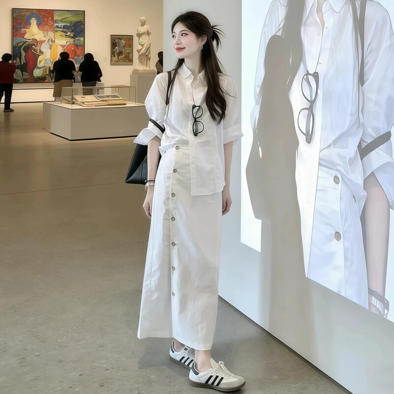 White Shirt and Half-Dress Set for Women, Early Autumn 2026 New Style, Petite Korean Style Outfit, Complete Long Dress Set White Shirt and Half-Dress Set for Women, Early Autumn 2026 New Style, Petite Korean Style Outfit, Complete Long Dress Set
