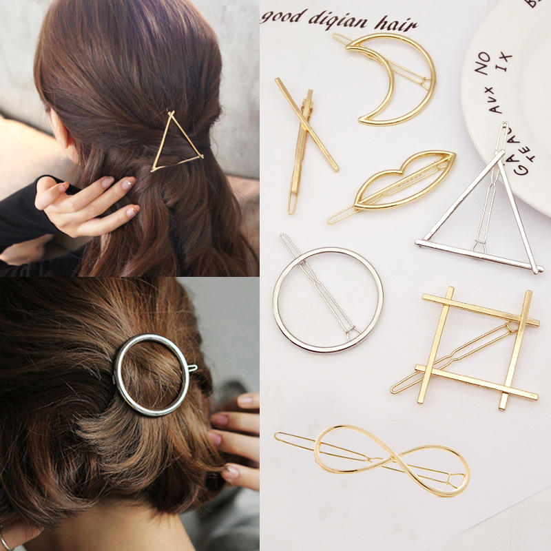 European and American fashion ins metal feeling retro triangle moon round hair clip edge clip pony tail clip female alloy hair clip