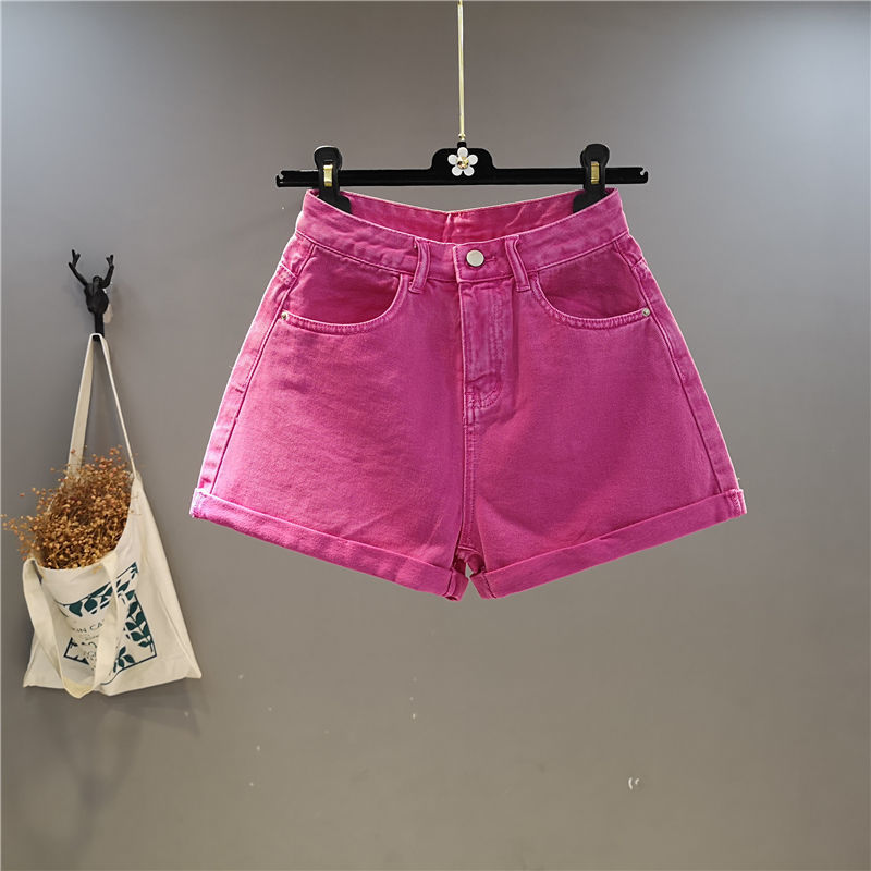 Korean Denim Shorts for Women, New Summer Style, Candy-Colored, High-Waisted, Wide-Legged, Rolled-Edge, Loose-Fitting, Slimming, Stylish Hot Pants