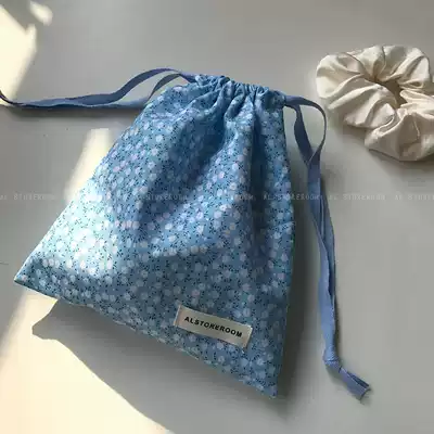 AL homemade blue small flower storage bag floral makeup women's bag ins Korean drawstring jewelry cloth bag New Products