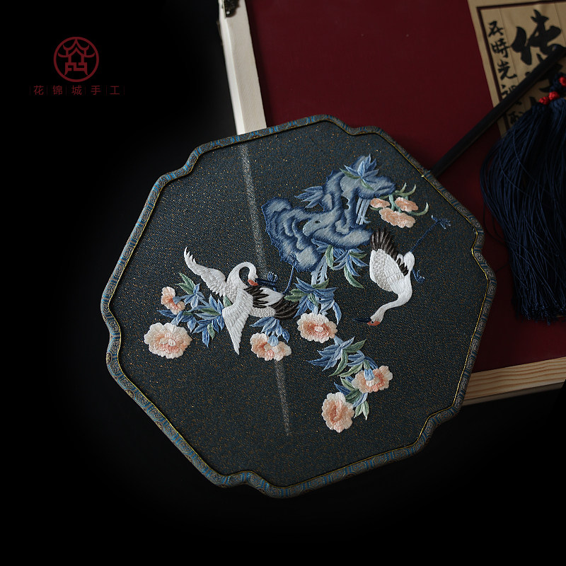 Flower Brocade Handmade Exclusive Original Design Two-sided Tapestry Silk Su Embroidered Fan Gift Non | Twin Cranes | -Taobao