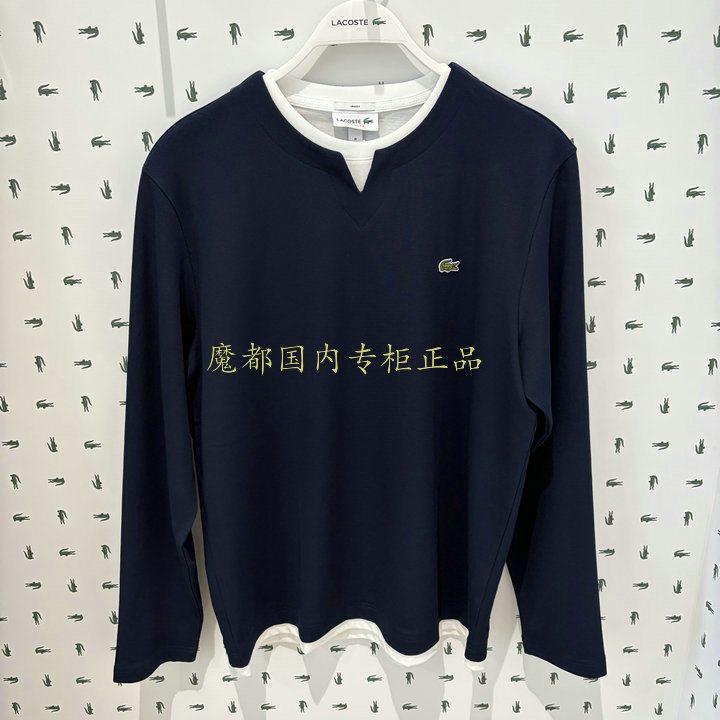French Crocodile Th2589-98 Lacoste 2025 New Autum Style Fake Two-Piece Round Neck Long-Sleeved T-Shirt