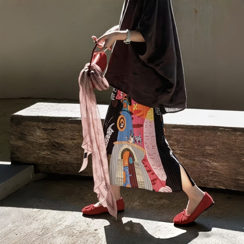Pleated Skirt for Women, Plus Size, Stylish Design, Printed Slit Mid-Length Straight Skirt for Summer