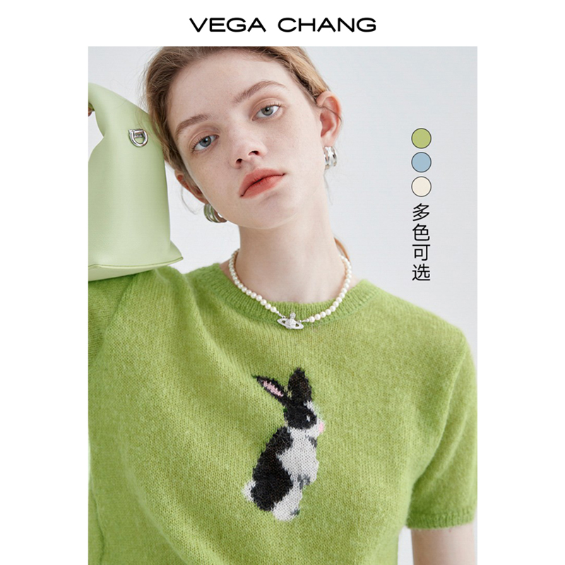 VEGA CHANG Little rabbit jacquard blouses woman design sensation calf oil fruit short sleeve knit T-shirt ins Chainha