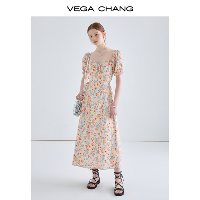 VEGACHANG floral dress women's 2024 summer new square collar French tea break dress style a-line long skirt