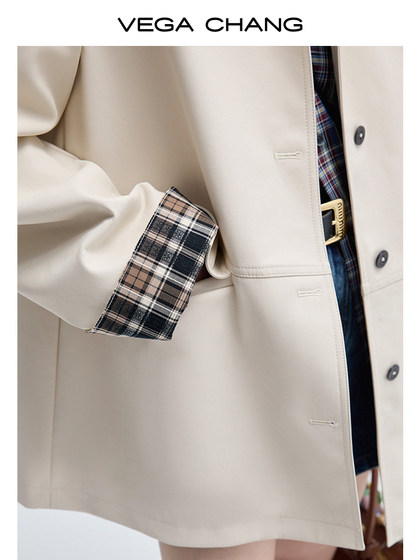 VEGA CHANG短款风衣女2024秋季新款撞色休闲PU外套