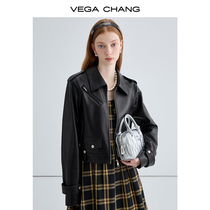 VEGA CHANG BLACK LEATHER CLOTHING WOMAN 2024 Spring new Inren Wind Cool Locomotive Leather Jacket Short Jacket