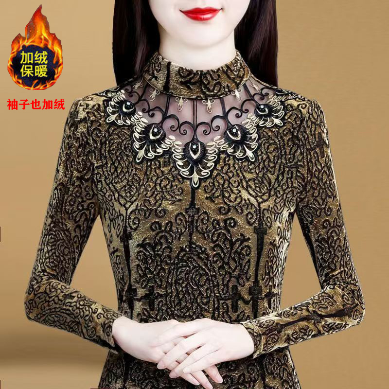 Long-Sleeved Mesh Floral Half-High Collar Lace Stylish Base Shirt with Waist-Cinching, Slimming, Fleece-Lined, Thickened, Fashionable Top