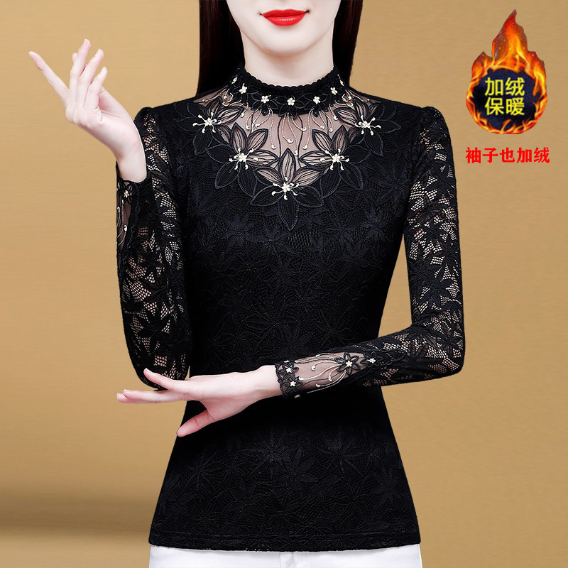 Long-Sleeved Half-High Collar Lace Hollow Embroidery Stylish Base Shirt, Waist-Cinching, Slimming, Fleece-Lined, Thickened, Fashionable and Versatile Top