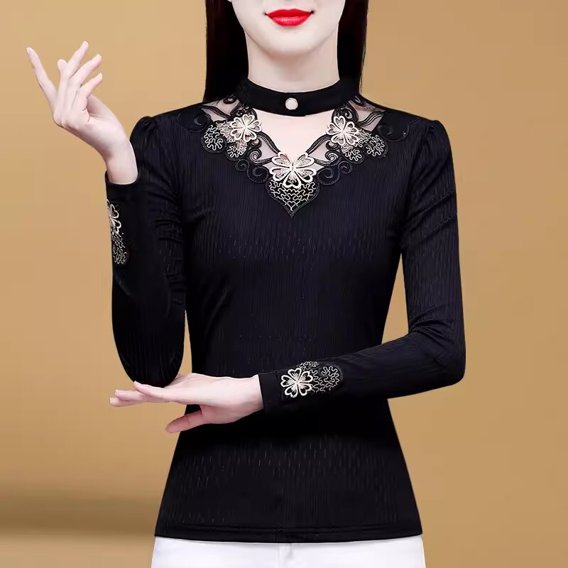 Black Long-Sleeved Lace Hollow-Out Beaded Embroidered Stylish Base Shirt for Women, Waist-Cinching, Slimming, Fleece-Lined, Thickened, Versatile Top